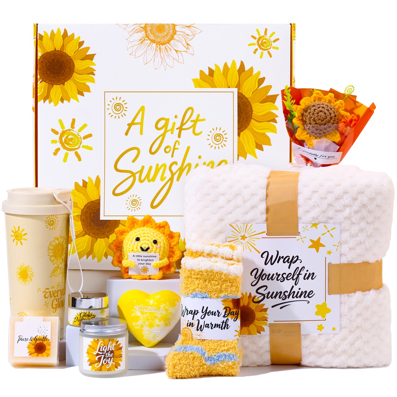 Mother's Day Gift - Sunflower Gift Box for Women, 9-in-1 Sunshine Luxury Self Care Package with Blanket, Tumbler, Candle, Bath Bomb, Plush & More, Get Well Soon, Birthday Day Gifts